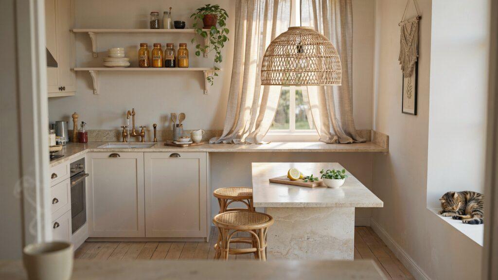 Sunlit Boho Kitchen Ideas with Natural Rattan Accents